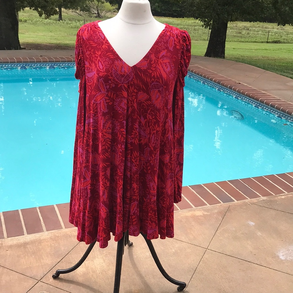 Free People Long Sleeve Botanical pattern, Burgundy, Orange, Violet Dress, Sz. M